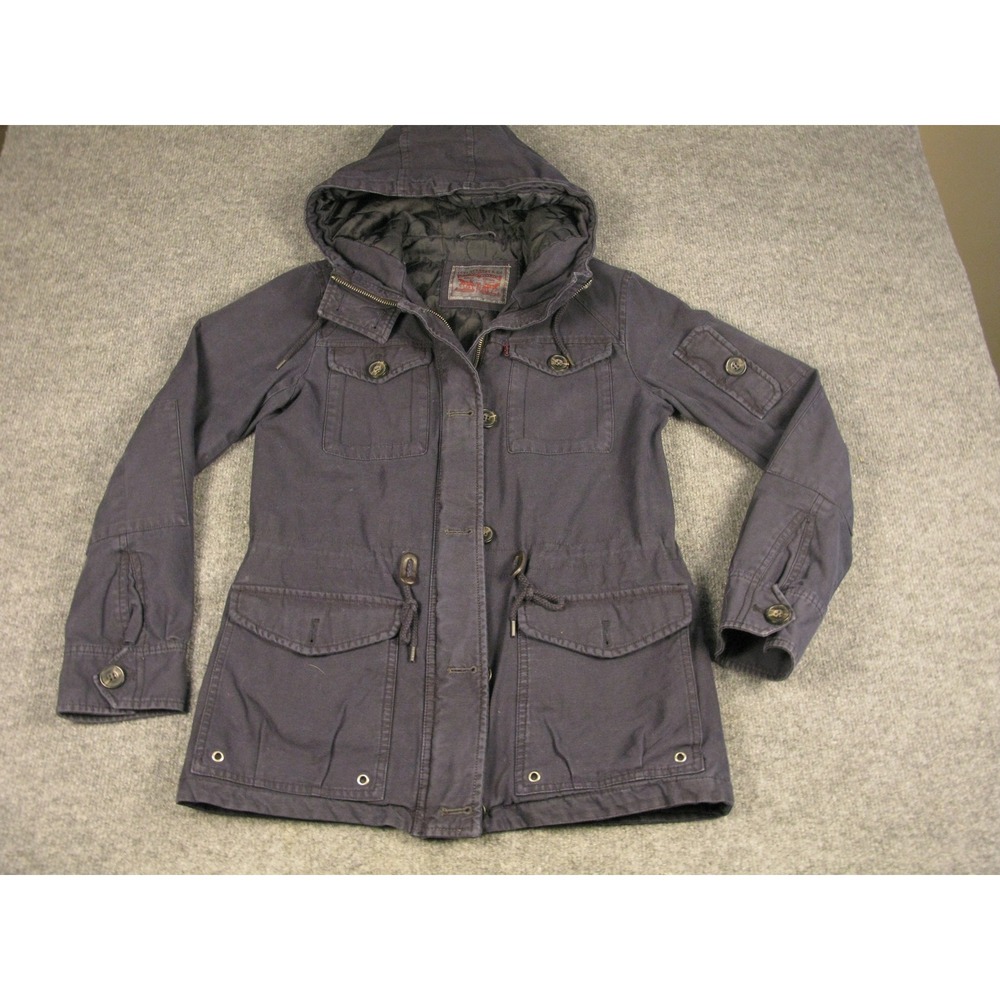 Levis Womens Utility Field Jacket Hooded‎ Quilted Lining Navy Blue Gray Small #H